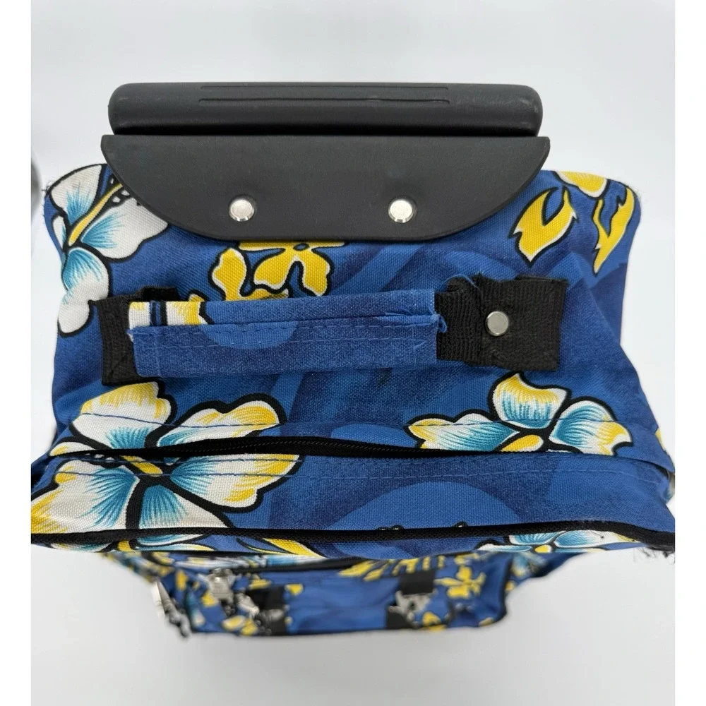 American Eagle Blue Hawaiian Hibiscus Rolling Backpack Carry On Travel Bag VTG
